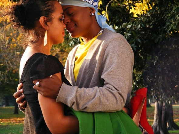Elle (Robyn Kerr) and JJ (T'Nia Miller) embrace in Stud Life Movie